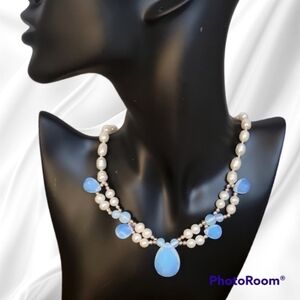HANDMADE Freshwater Pearl Knotted Opalite Teardrop Festoon Landgirl Necklace